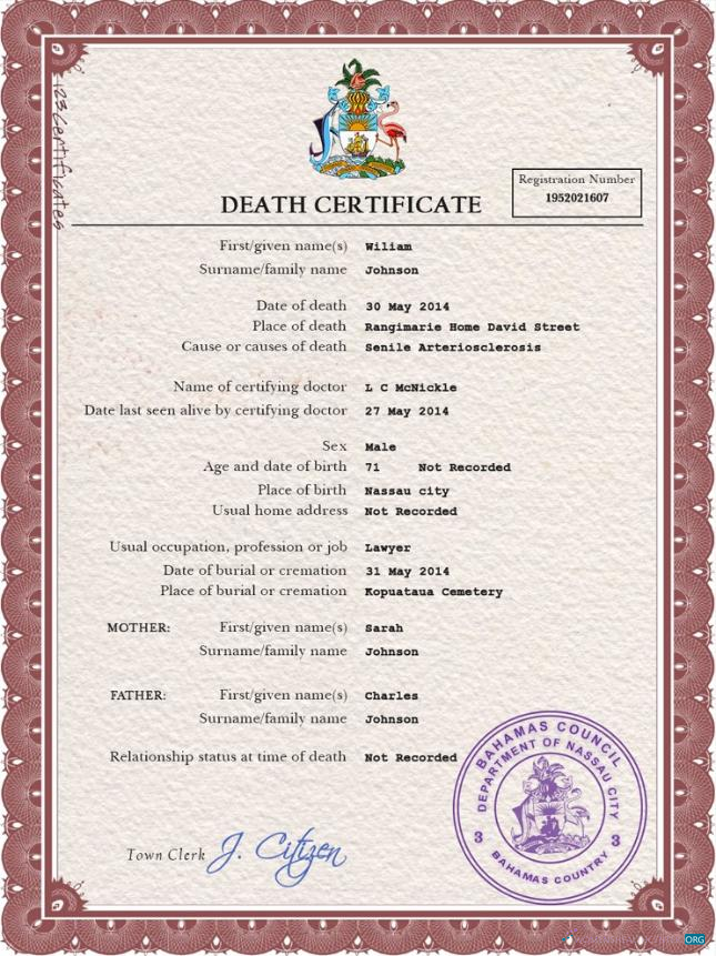 Download Bahamas vital record death certificate PSD template Photoshop template